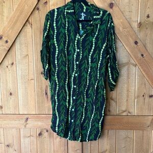 Black & Green Leaf-Print Button-Front Dress